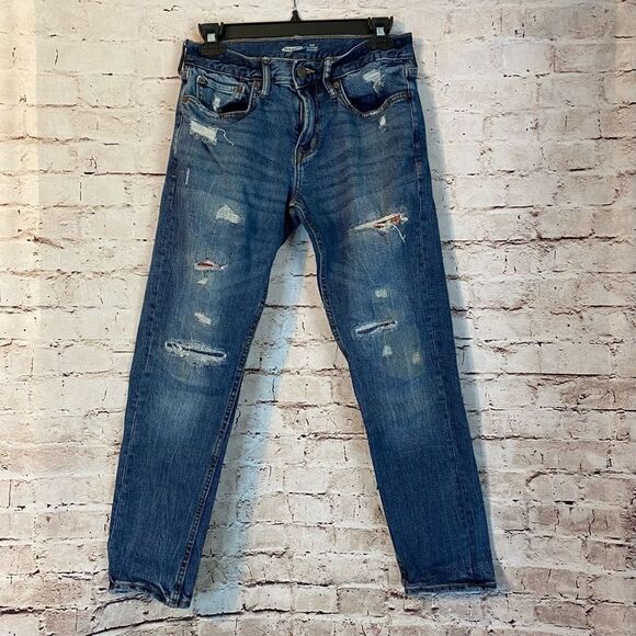Old Navy Mens Blue Plaid Patch Distressed Slim Built In Tough Flex Jeans 29x30 - Picture 1 of 10